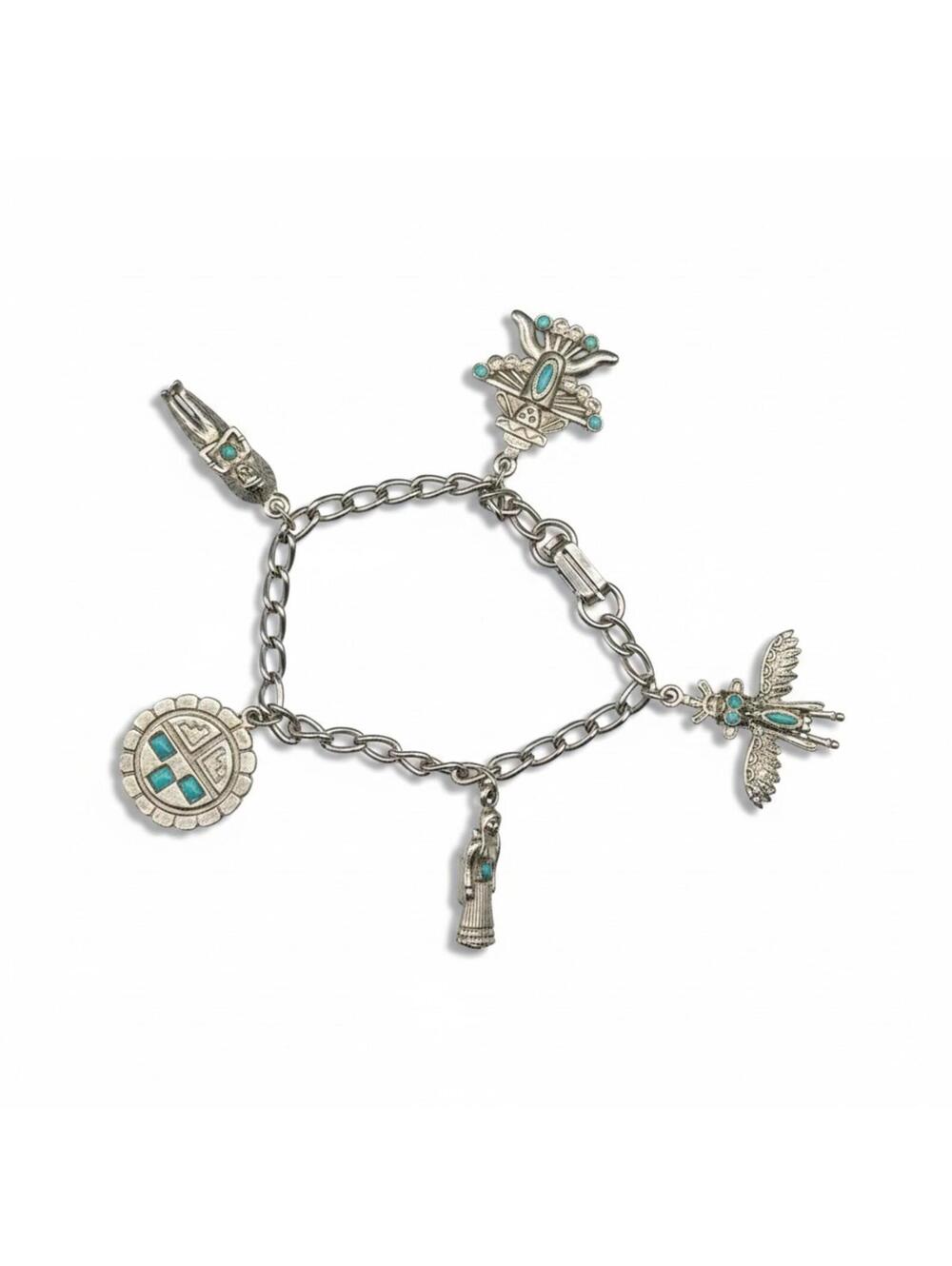Vintage Tibetan Silver Toned Charm Bracelet - 5 Turquoise Inlay Figural Charms